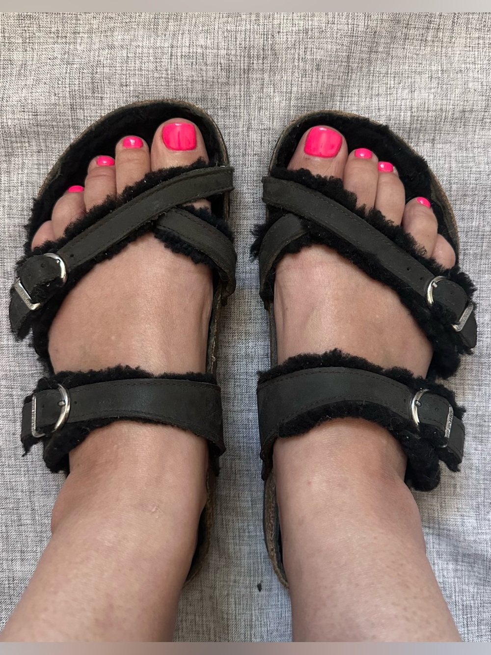Birkenstock Black Faux-Shearling Buckle Slide Sandals